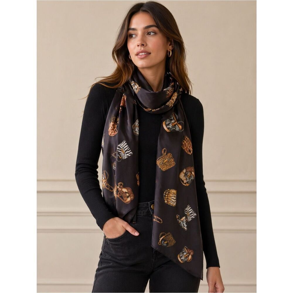 Black and Gold Patterned Scarf with Purse Print